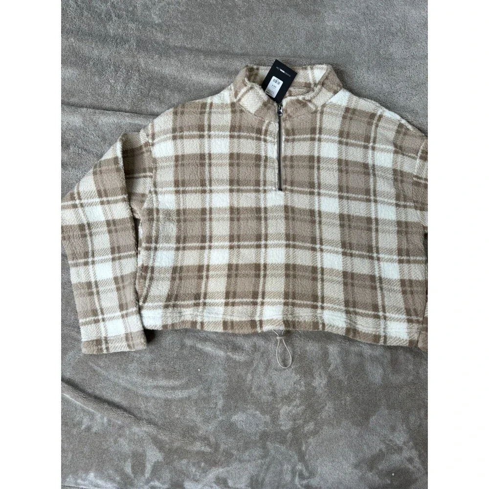 Fashion Nova Plaid Fleece Pullover Womens Cropped 1/2 Zip Teddy Sweater M